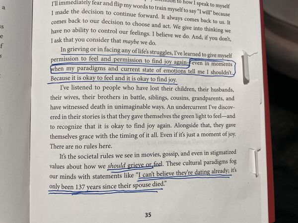 Highlighted passage about permission to find joy - You're Not Dead Yet