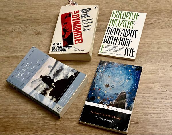 Bjorn's Nietzsche collection — I Am Dynamite, Thus Spoke Zarathustra, The Birth of Tragedy, Man Alone With Himself